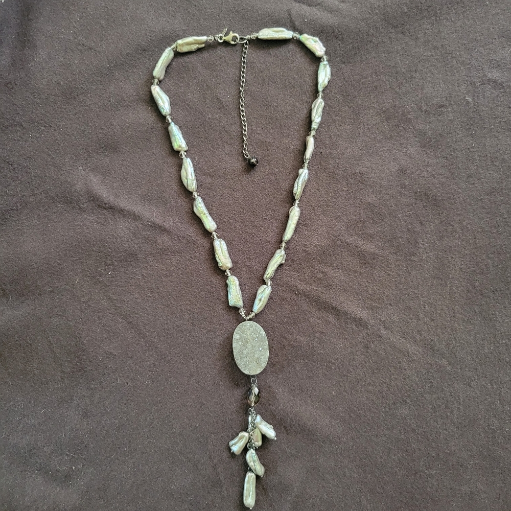 Biwa Pearl Necklace with Smoky Quartz Druzy Drop